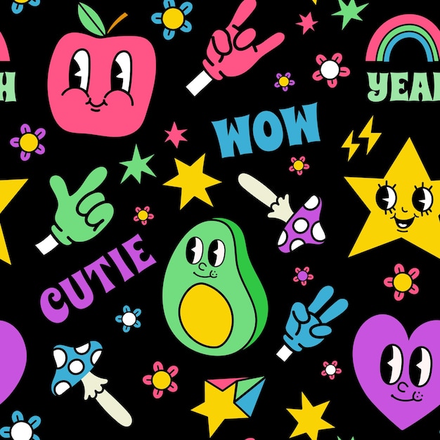Caras de personajes de estilo cómic retro y manos de patrones sin fisuras. Impresión de moda con pegatinas psicodélicas. Textura de vector de elementos de dibujos animados divertidos. Fruta linda brillante, estrellas felices y corazón