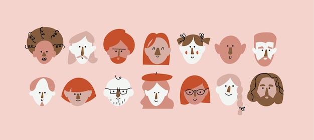 Vector caras de personas abstractas de ilustración vectorial, personajes divertidos. diferentes íconos para historias destacadas en redes sociales y avatares.