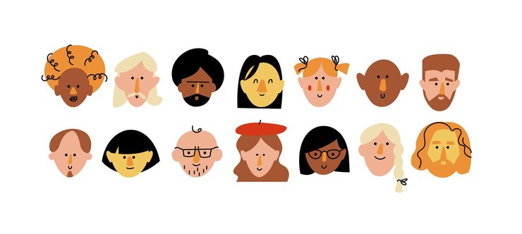 Caras de personas abstractas de ilustración vectorial, personajes divertidos. Diferentes íconos para historias destacadas en redes sociales y avatares.