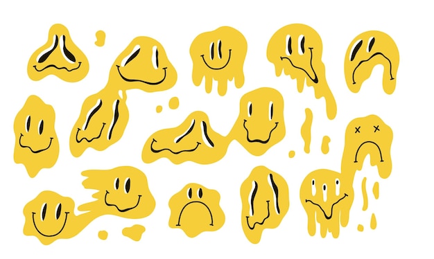 Caras sonrientes derretidas emoji maravilloso colorido amarillo goteando personajes melty sonrisa loca elementos vintage hippie objetos psicodélicos para decoración dibujos animados vectoriales ilustración aislada plana