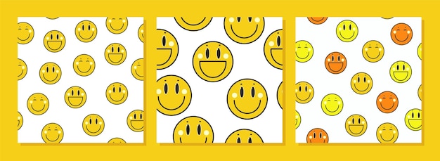 Caras sonrientes patrones sin fisuras con diferentes emociones emoji carteles cuadrados en estilo retro plantilla de papel tapiz de portada para imprimir