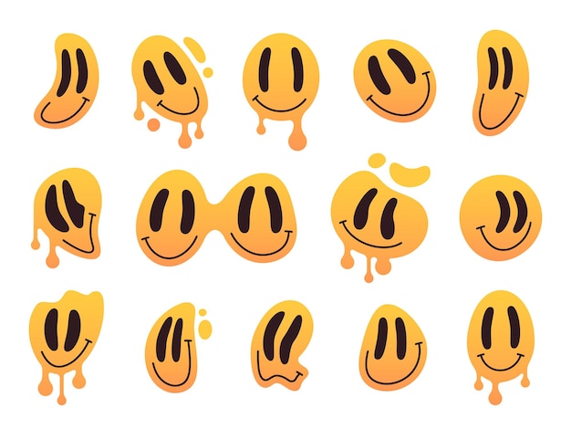 Caras de sonrisas derretidas que gotean emojis lindos locos conjunto de ilustraciones vectoriales planas