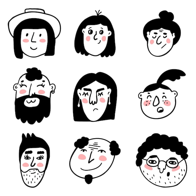 Vector caras vectoriales de personas conjunto de garabatos dibujados a mano