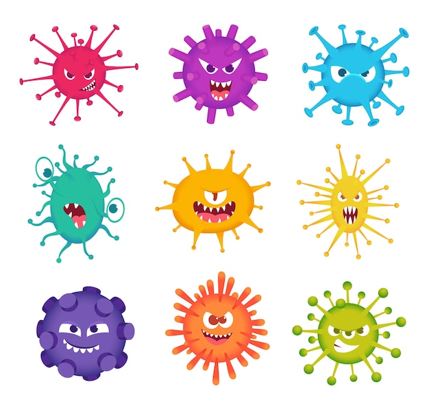 Caras de virus. personajes médicos, mascota de bacterias, monstruo sonriente, virus patógeno, conjunto de vectores exactos. ilustración enfermedad e influenza colección.