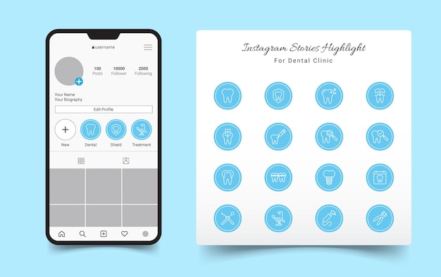 Vector carátulas destacadas de la historia de instagram de la clínica dental