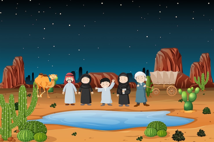 Vector caravana arabe en desierto