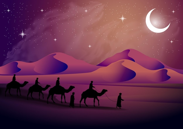 caravana de camellos atravesando el desierto en una hermosa noche estrellada