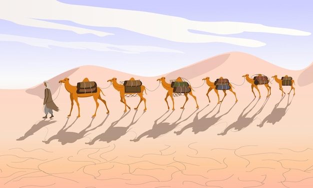 Caravana de camellos con un beduino atraviesa el desierto Camellos en el desierto