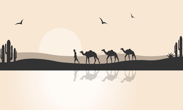 Caravana de camellos caminando por el desierto en el fondo de una hermosa puesta de solVector