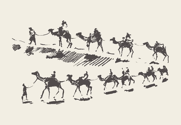 Vector caravana de camellos en el desierto, ilustración vectorial dibujada a mano, boceto