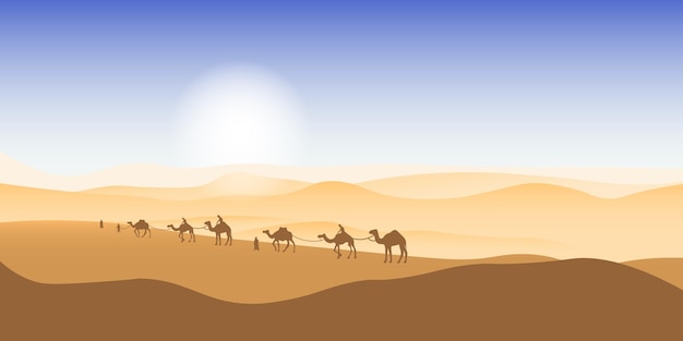 Caravana de camellos pasando por el paisaje africano del desierto