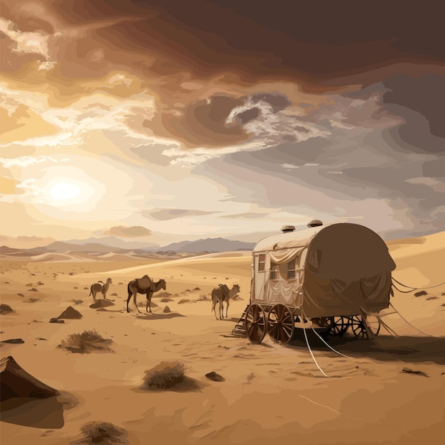 Caravana en la ilustración de vector de fondo del desierto