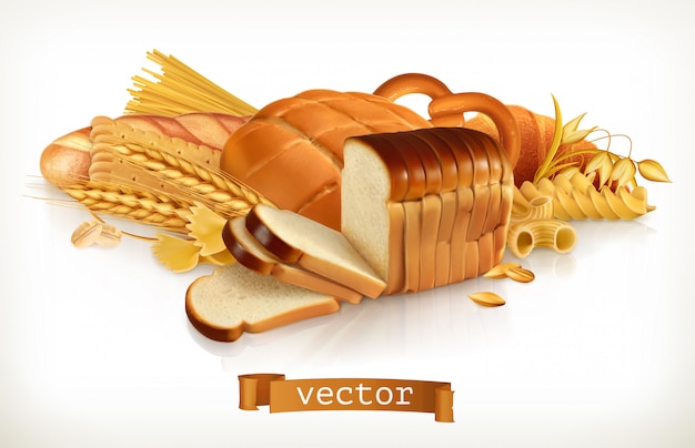 Vector carbohidratos pan, pasta, trigo, cereales. 3d ilustración vectorial