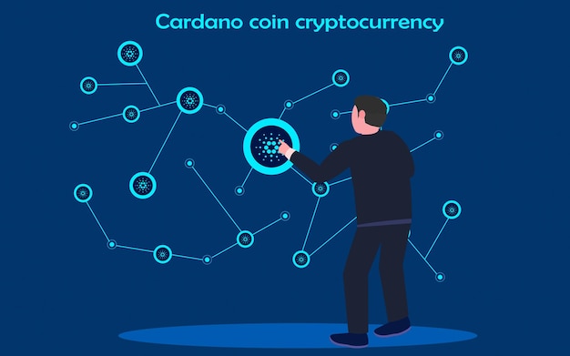 Vector cardano coin cryptocurrency businessman observando y analizando el gráfico de distribución de blockchain