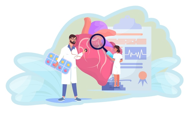 Vector cardiología. el médico examina el corazón del paciente con estetoscopio y lupa enfermedad cardíaca cardiograma