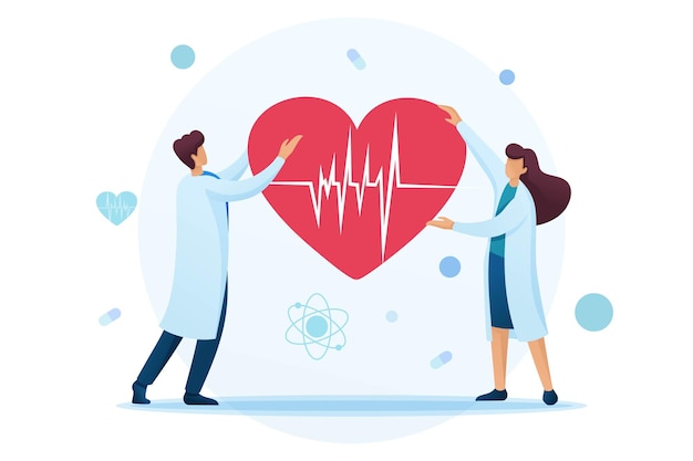 Los cardiólogos jóvenes sostienen un corazón con un ecg en sus manos