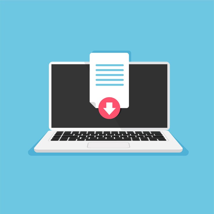 Vector carga de un archivo pdf en la computadora descargue y guarde el proceso el icono del documento se carga en la pantalla de la computadora portátil