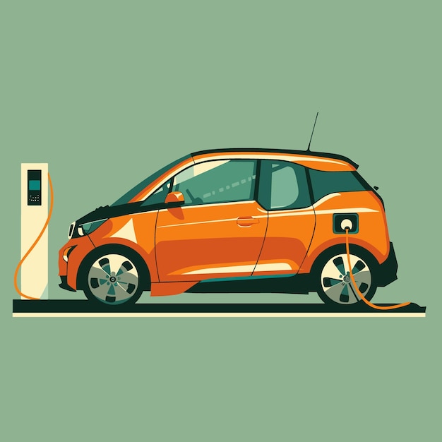 Vector carga de automóviles eléctricos en una estación de carga ilustración vectorial en estilo plano