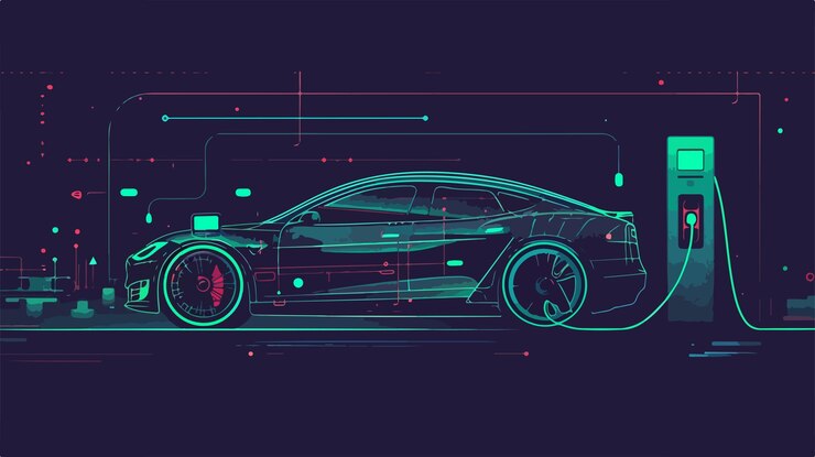Vector carga de automóviles eléctricos en la estación de recarga