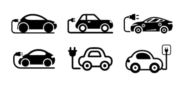 Carga de automóviles eléctricos con íconos de enchufe en la estación siluetas de vehículos ecológicos EV