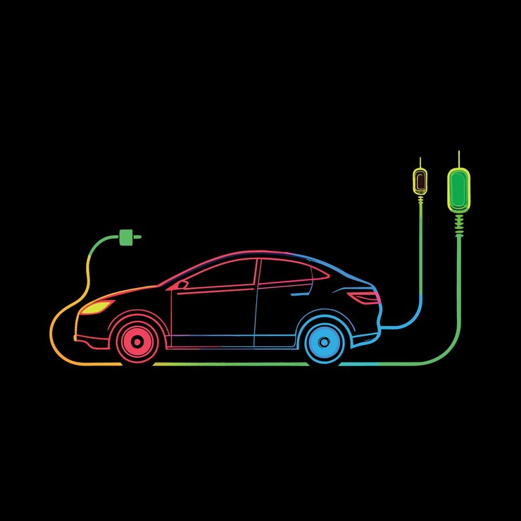 Vector carga de automóviles eléctricos por línea de boceto vista lateral línea de luz azul verde y roja brillante aislada en bl