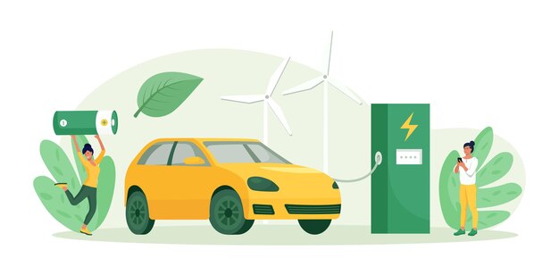 Carga de la batería del coche eléctrico en la estación de recarga eléctrica Turbinas eólicas en el fondo Vehículo de energía alternativa Uso de transporte futurista Energía verde Cuidado del medio ambiente Fuentes renovables