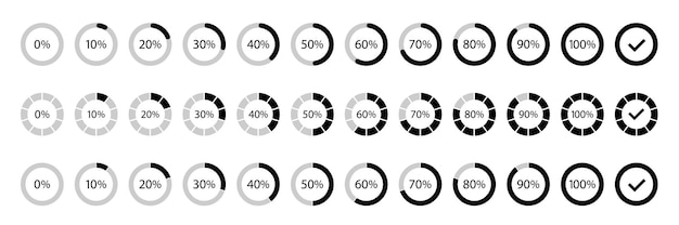 Carga del círculo y recopilación del progreso del círculo Conjunto de diagramas porcentuales del círculo para infografías 0 10 20 30 40 50 60 70 80 90 100 por ciento