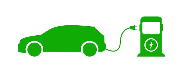 Carga de coche eléctrico Coche eléctrico verde con estación de carga sobre fondo blanco Icono vectorial Combustible ecológico Auto híbrido 10 eps