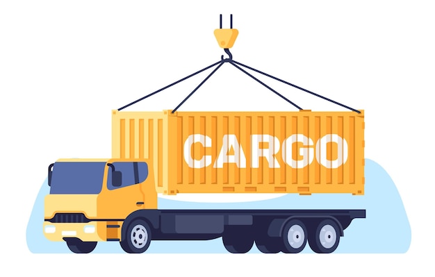 Carga de contenedor de transporte en camión con grúa Camion de carga para transporte de cajas metálicas Remolque de automóviles Vista lateral de automóviles Logística de almacén Entrega de carga de automóviles Concepto vectorial