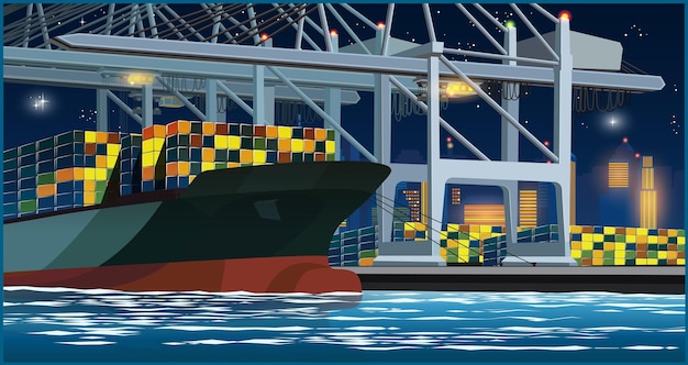 Carga de contenedores en el puerto por la noche