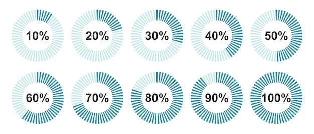 Carga de indicador de vector. Conjunto de icono de barra de progreso circular. Indicadores porcentuales vectoriales. Diagramas circulares para infografías.