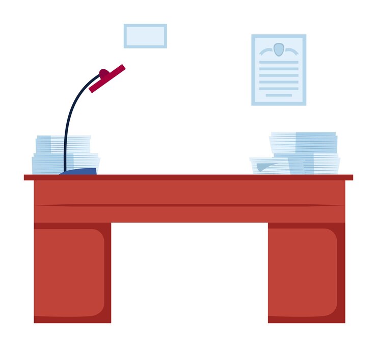 Vector carga de trabajo en el escritorio pilas de papeles apilados lámpara estrés laboral desordenado lugar de trabajo muebles de oficina