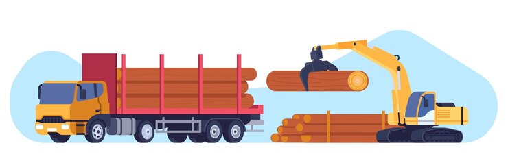 Vector carga de troncos de madera en camiones especiales para el transporte de mercancías transporte de madera desde el aserradero vehículo industrial automóvil pesado y cargador forestal camion descarga concepto vectorial