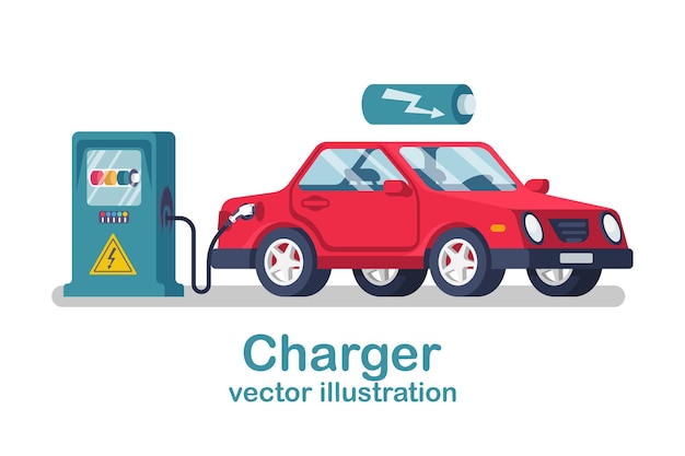 Vector cargador de coche de estación repostaje eléctrico transporte ecológico verde