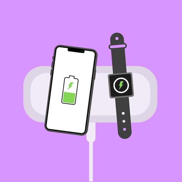 Cargador inalámbrico Indicador de carga de relámpago verde plano Carga inalámbrica del teléfono y el icono del reloj de pulsera Iconos vectoriales