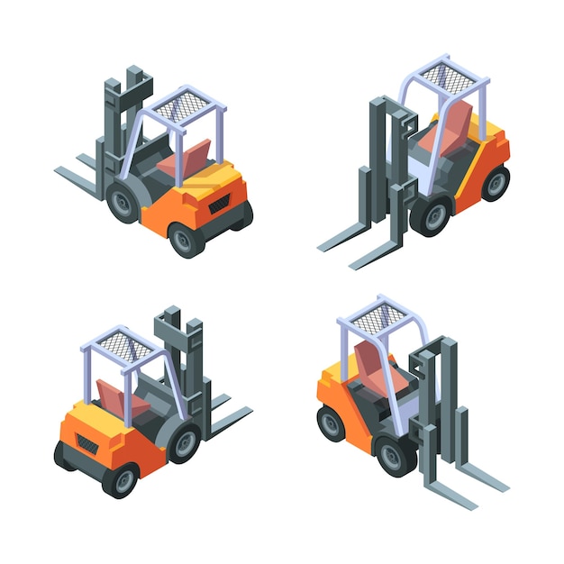 Vector cargador isométrico fabricación de vehículos camiones con montacargas vector chillón cargando ilustraciones de autos