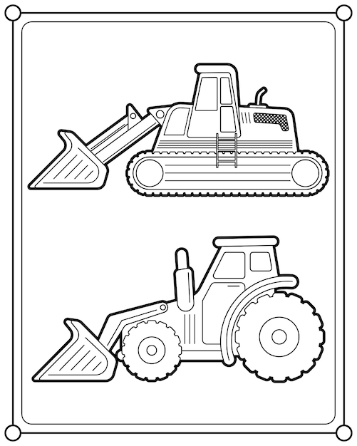 Vector cargador de ruedas y cargador de orugas adecuado para la ilustración de vector de página para colorear de los niños