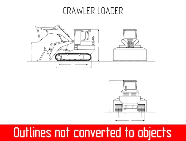 Cargadora sobre orugas excavadora esquema plano vector tamaño y dimensiones altura y ancho