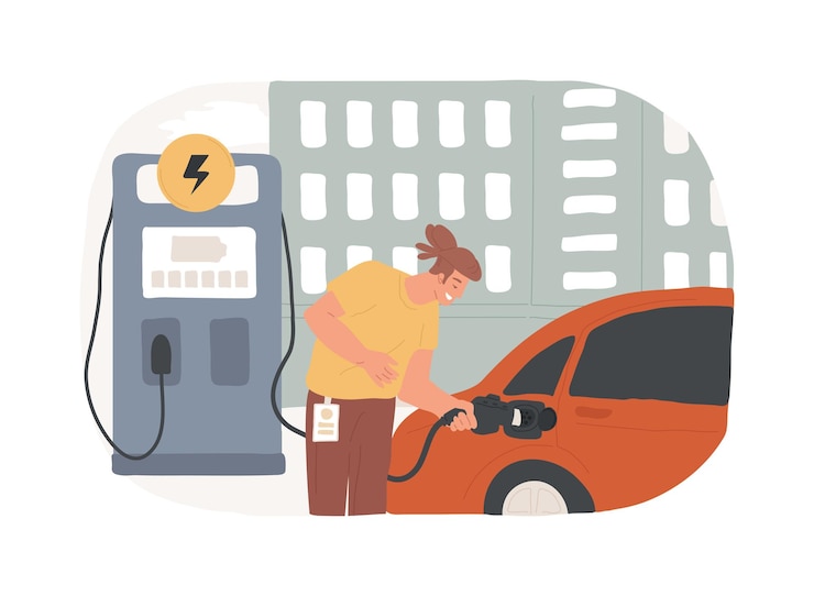 Vector cargadores de coches eléctricos aislados ilustraciones vectoriales de dibujos animados hombre sonriente cargando coche eléctrico cerca