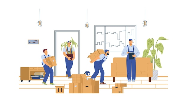 Los cargadores de servicio de mudanza llevan muebles ilustración vectorial plana aislada