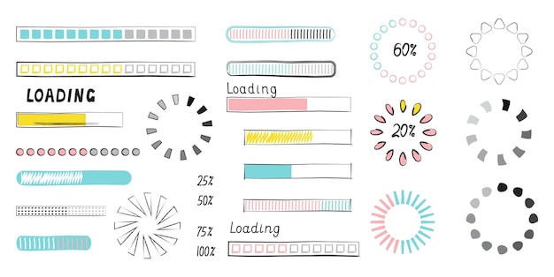 Cargando estilo de vector de barra de progreso en estilo doodle Iconos de barra de círculo de progreso actualizados