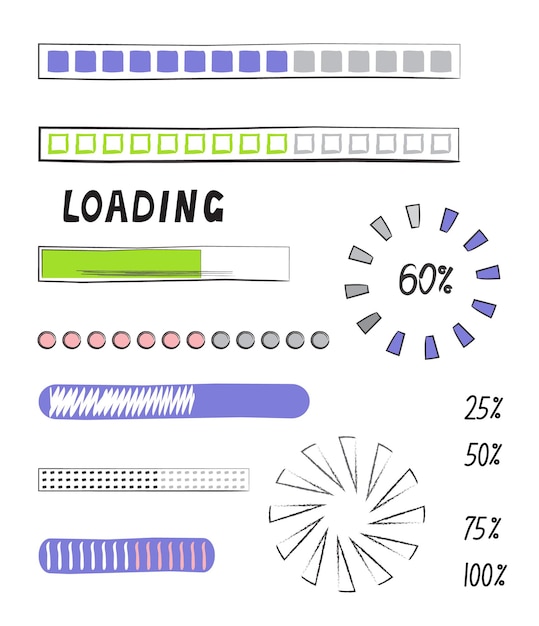 Cargando estilo de vector de barra de progreso en estilo doodle Iconos de barra de círculo de progreso actualizados