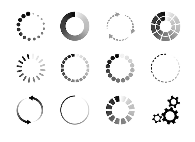 Cargando el icono de progreso para la interfaz web o la aplicación de redes sociales. Conjunto de estado de descarga redonda, búsqueda de forma diferente de elemento de diseño de expectativa, ilustración de vector de forma aislada sobre fondo blanco