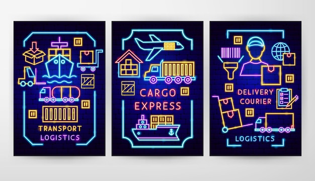 Cargo neon flyer conceptos vector ilustración de promoción logística