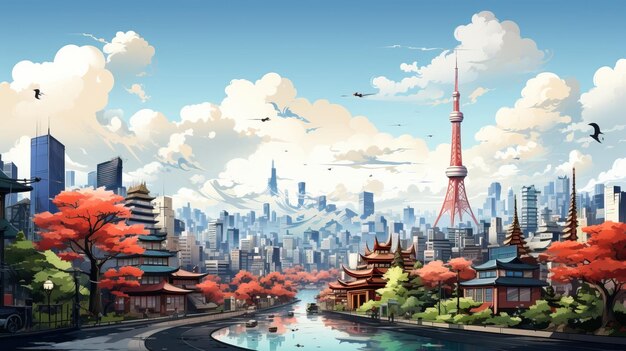 Vector caricatura acuarela paisaje de la ciudad escena ilustración vectorial paisaje artístico