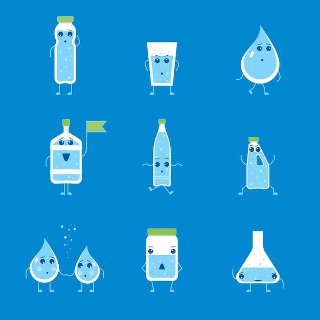 caricatura, agua, divertido, emociones, botella, conjunto, vector