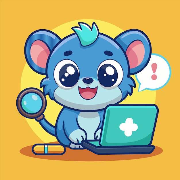 una caricatura de un animal azul con una flecha apuntando a una computadora portátil