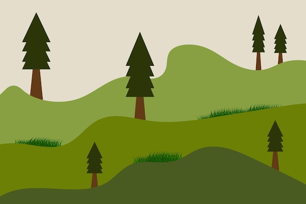 Una caricatura de árboles en una colina con un fondo gris.