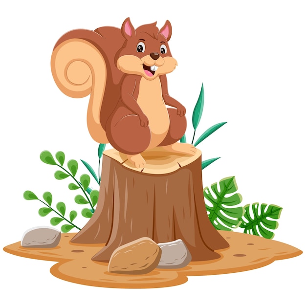 Caricatura de una ardilla divertida en el tronco de un árbol Ilustración vectorial