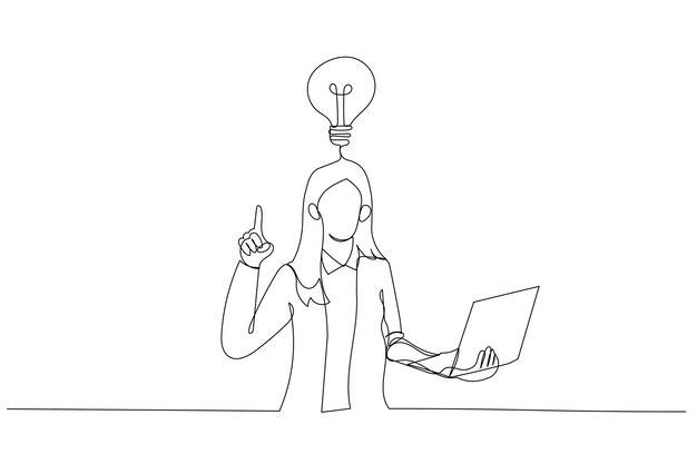 Caricatura de asombrado empresario dedo directo hacia arriba para encontrar la solución Arte de estilo de una línea